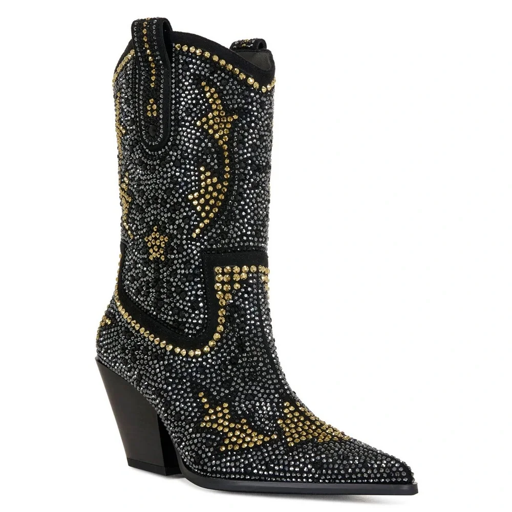 AZALEA WANG Embellished Crystal Western Boots Black & Gold Glam Rock Cowgirl